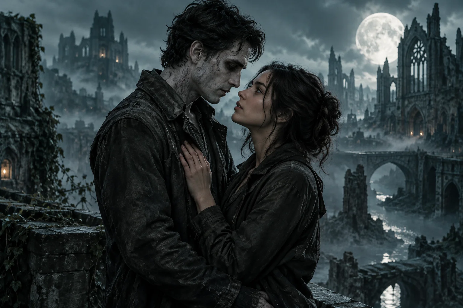 A cinematic zombie and survivor love story under a moonlit sky